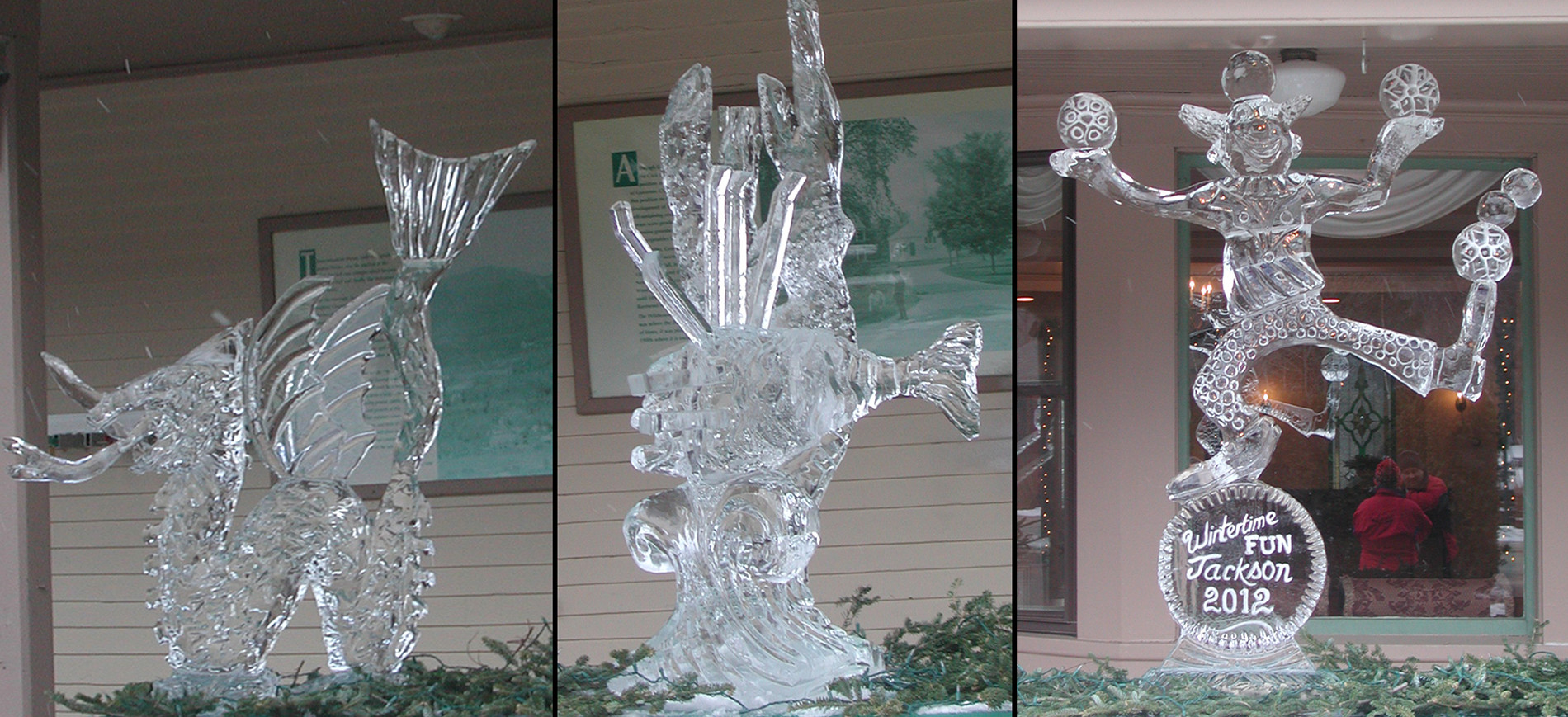 Three ice sculptures on covered porch