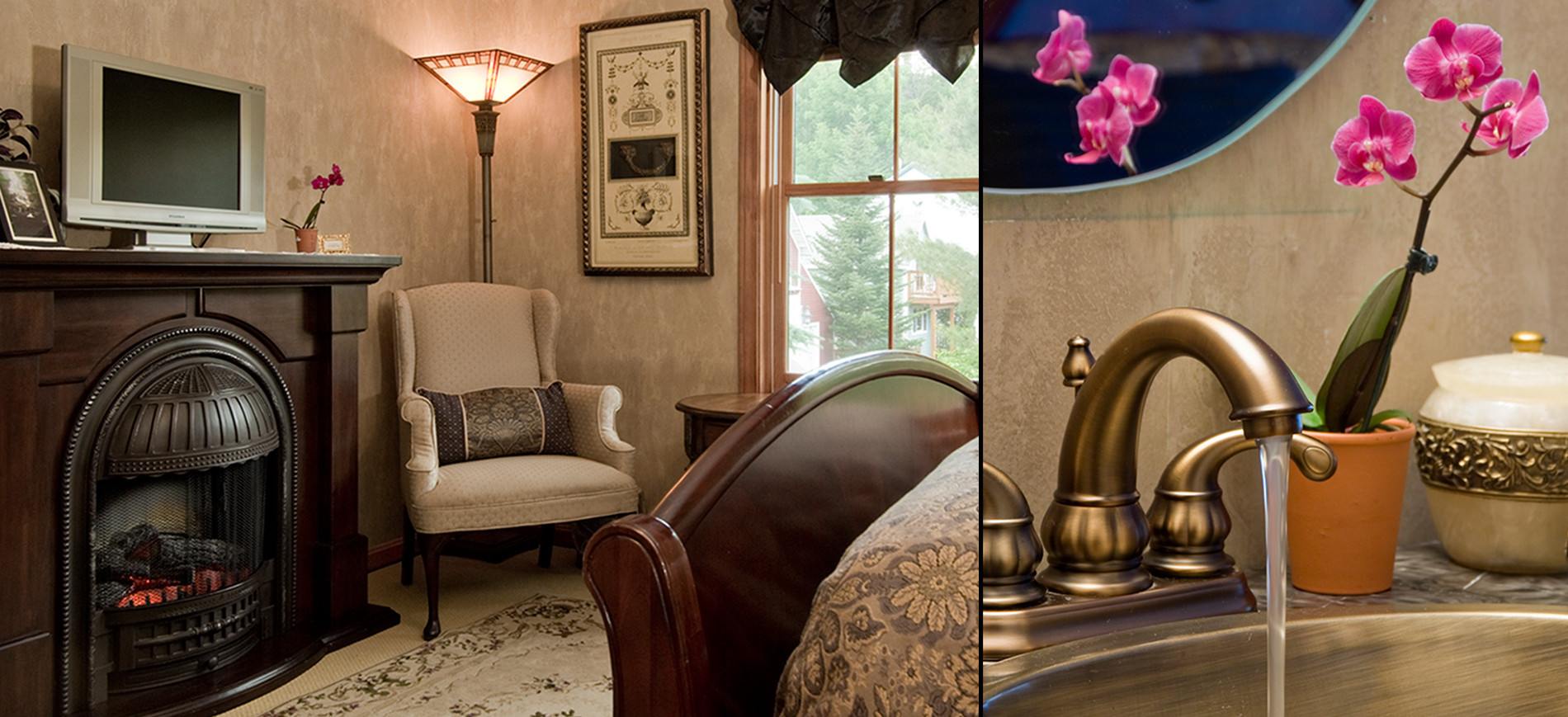 Guest room with victorian fireplace, wing chair & lamp, windows, queen sleigh bed, closeup of sink with running water & orchid plant