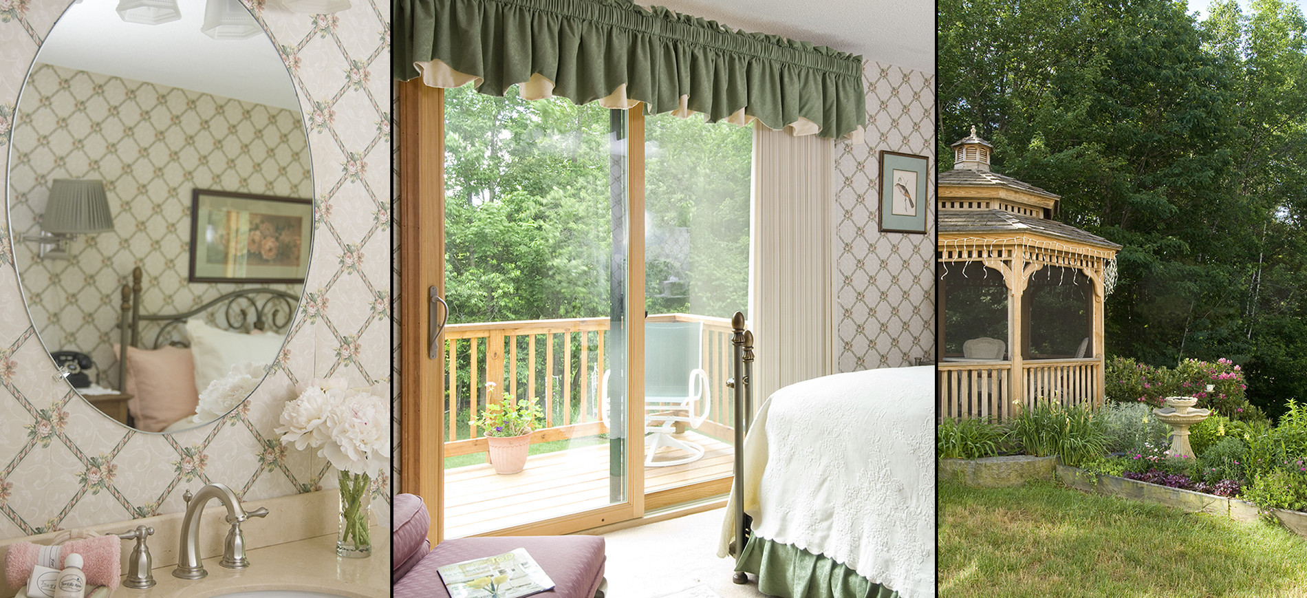 closeup of sink & mirror, bronze queen bed with white bedding & sliding glass door onto wood balcony, view of gazebo in yard