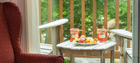 Burgundy wing chair on left, open sliding door with view of Adirondack chairs & table with coral coffee mugs & plate of fruit