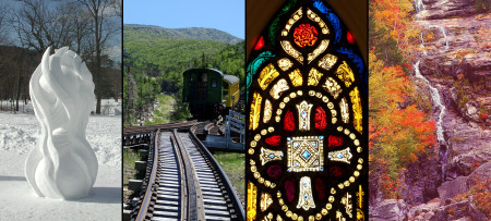 Collage of snow sculpture cog railway stained glass Silver Cascade waterfall