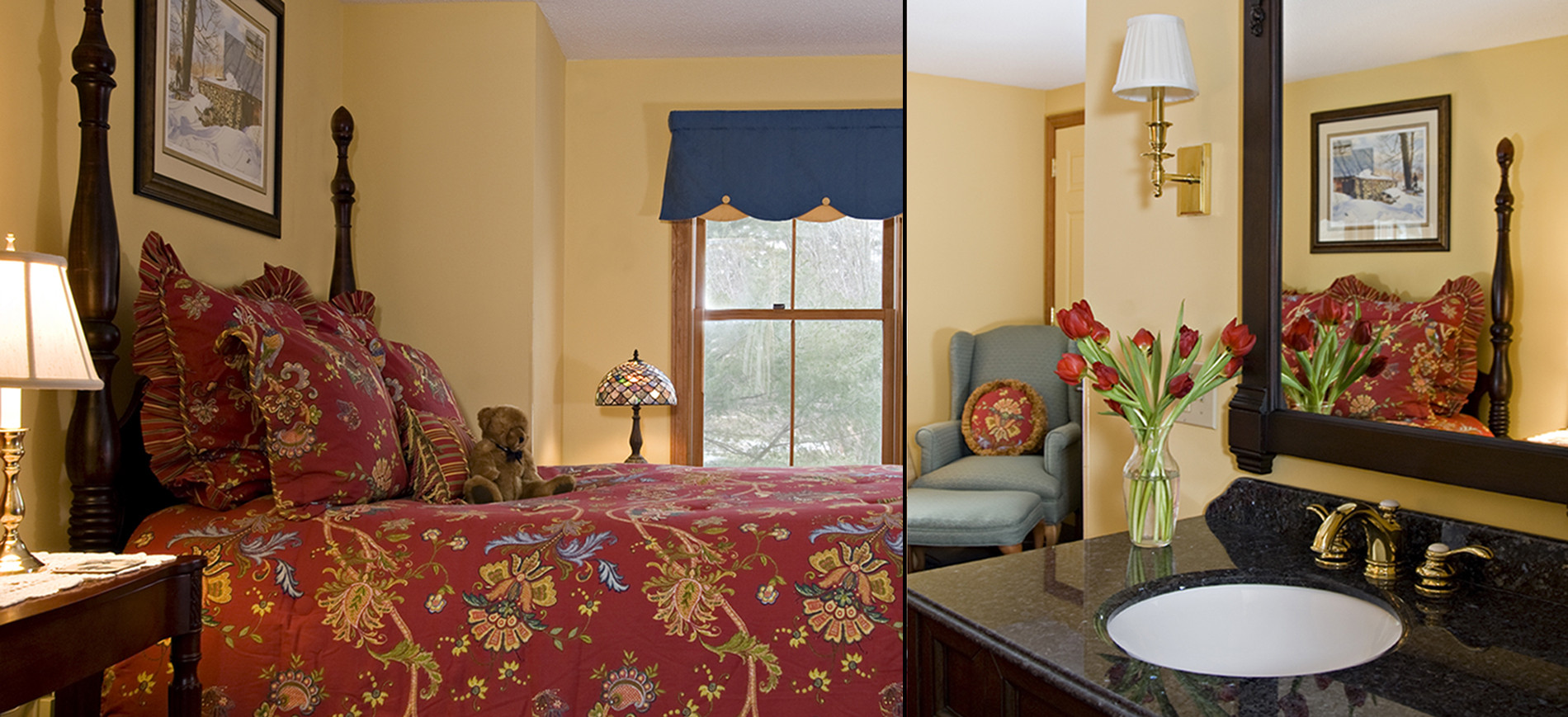 Gold guest room with queen bed with red & gold bedding, window with blue valence, green wing chair with ottoman, sink with mirror and lights above