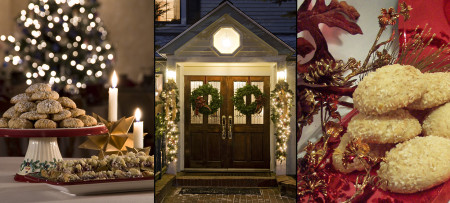 Cookies on stand & plate with candle, gold star, Xmas tree in background, Entrance doors to inn with holiday wreaths & lights, closeup of cookies on red cloth