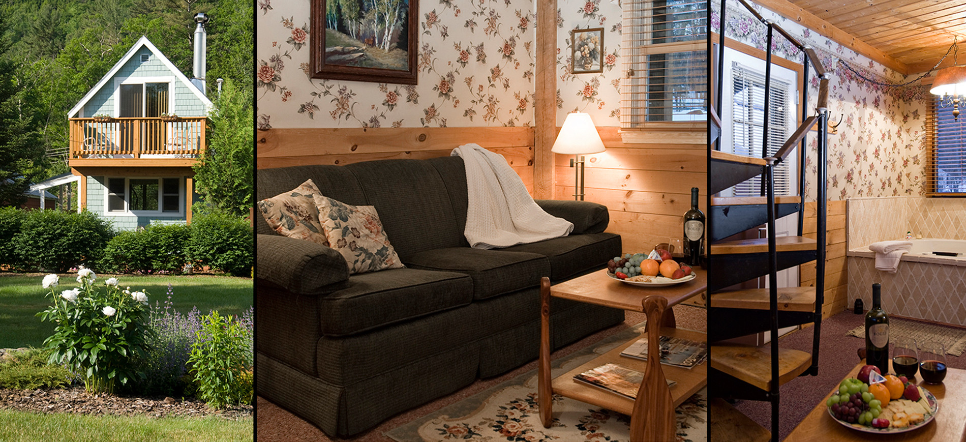 Guest cottage with green loveseat, canoe paddle coffee table, Adirondack shelving, narrow spiral staircase to second floor, green exterior of cottage with balcony in summer