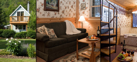 Guest cottage with green loveseat, canoe paddle coffee table, Adirondack shelving, narrow spiral staircase to second floor, green exterior of cottage with balcony in summer