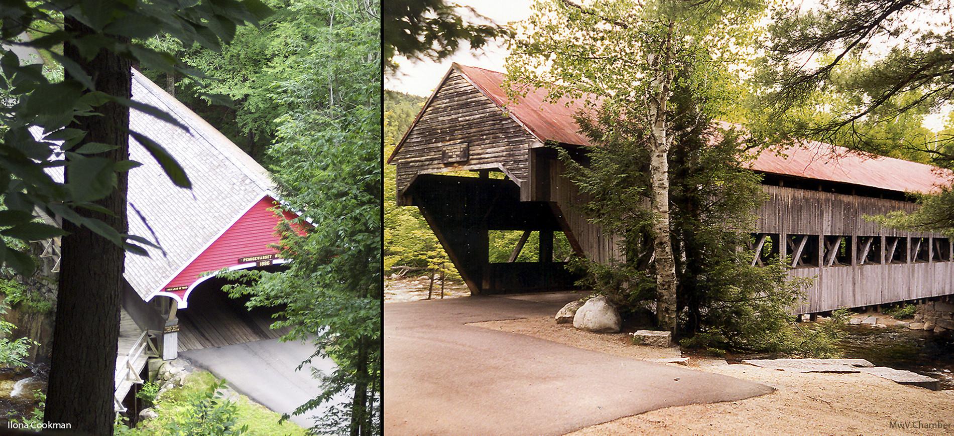 Collage of red covered bridge at the Flume & Conway covered bridge on right