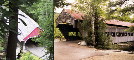 Collage of red covered bridge at the Flume & Conway covered bridge on right