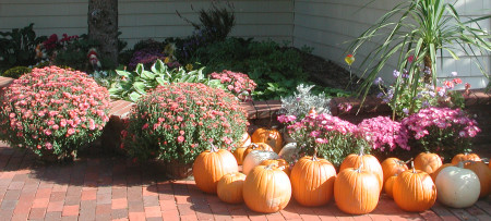Inn at Ellis River entrance with fall flowers & pumpkins