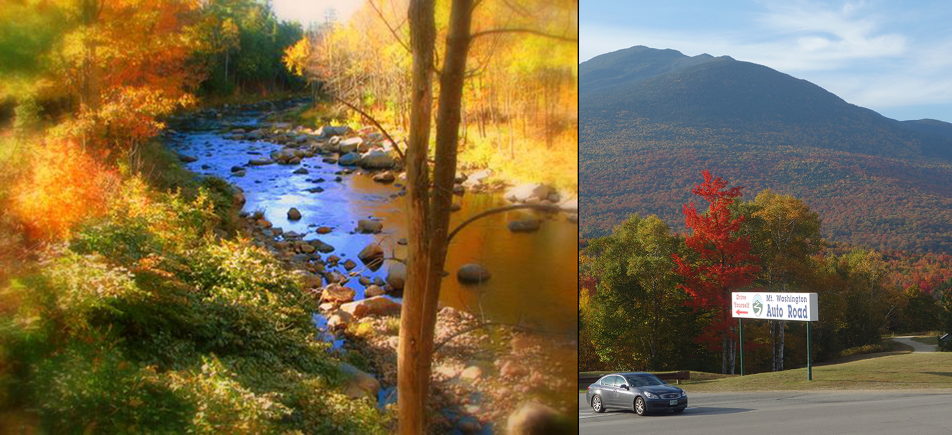 Ellis River foliage on left, Mt Washington Auto Road entrance on right