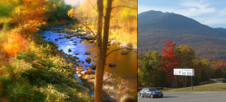 Ellis River foliage on left, Mt Washington Auto Road entrance on right