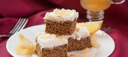 Gingerbread bars on white plate and red tablecloth
