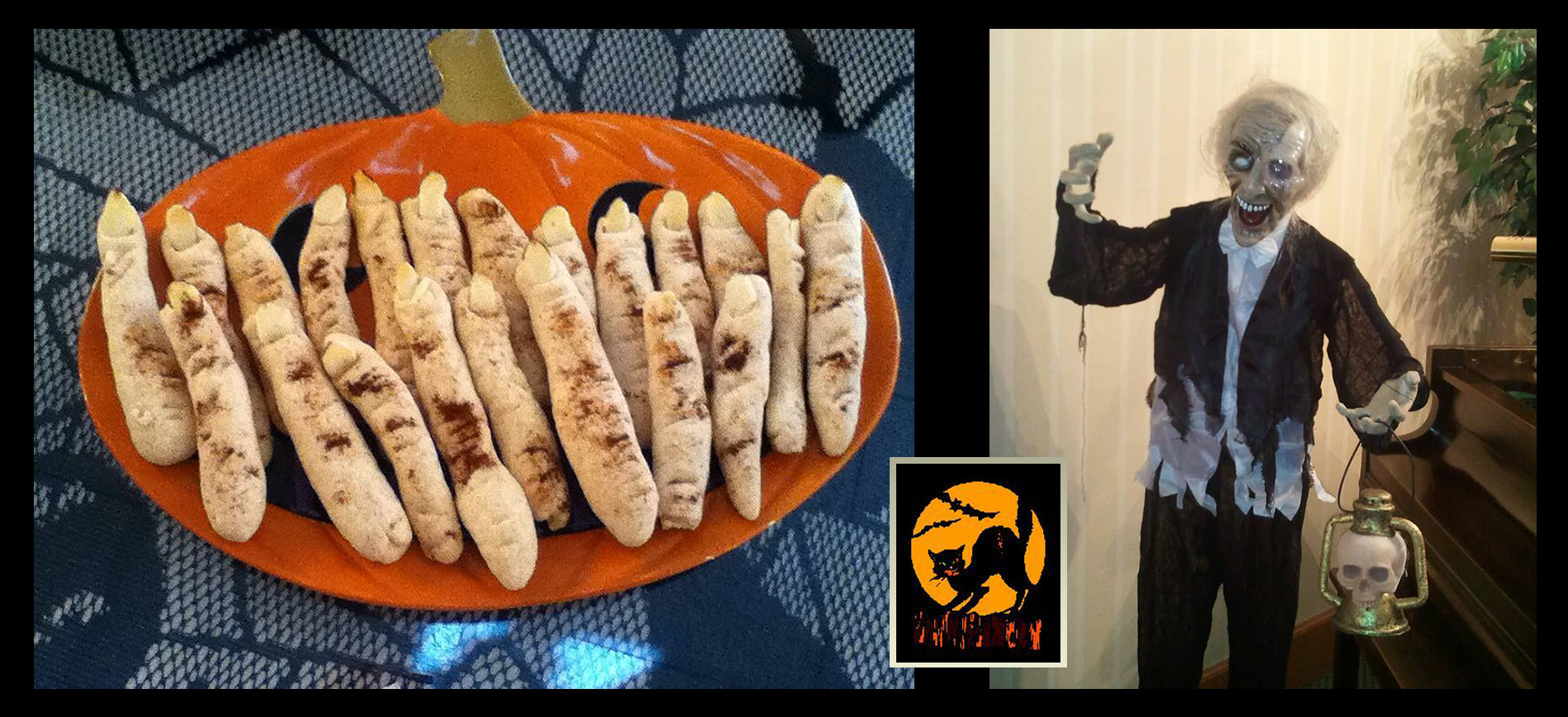 Finger cookies on pumpkin plate & ghost with lantern