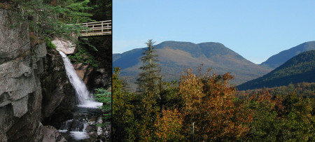 Sabbaday Falls waterfall on left with wood walkway, view of White Mountains from Crawford Notch