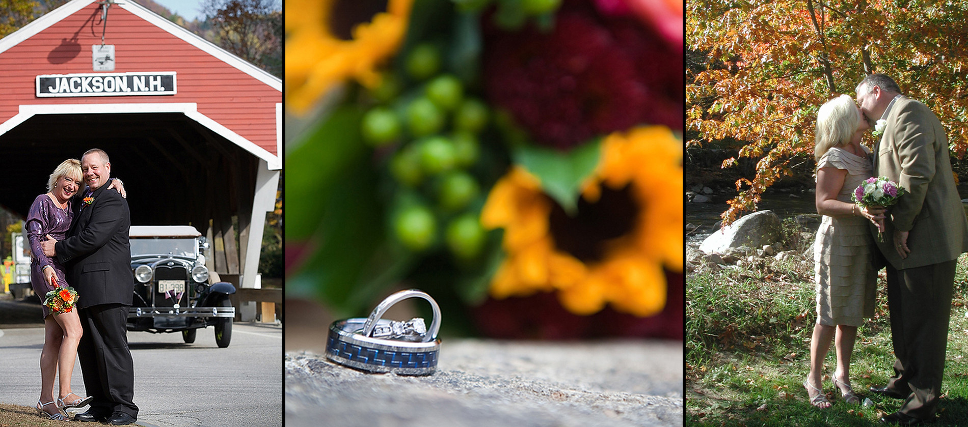 Couple kissing by covered bridge, rigns on rock with flowers, couple kissing by river