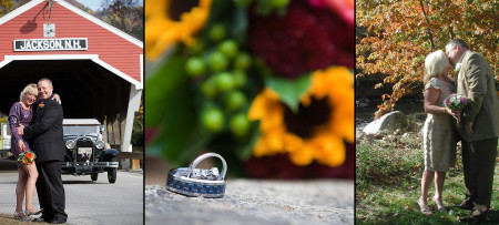 Couple kissing by covered bridge, rigns on rock with flowers, couple kissing by river