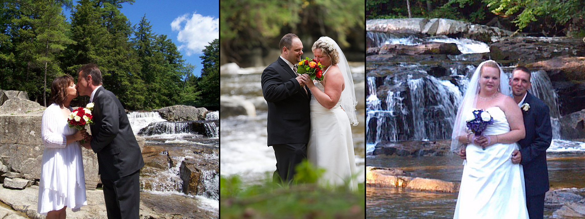 Collage of bride & groom at Jackson Falls, bride & groom on covered bridge, bride & groom standing with Jackson Falls behind