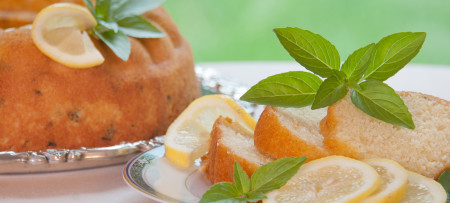 Lemon Basil Coffeecake with lemon & basil garnish on left, slices of cake with garnish on right