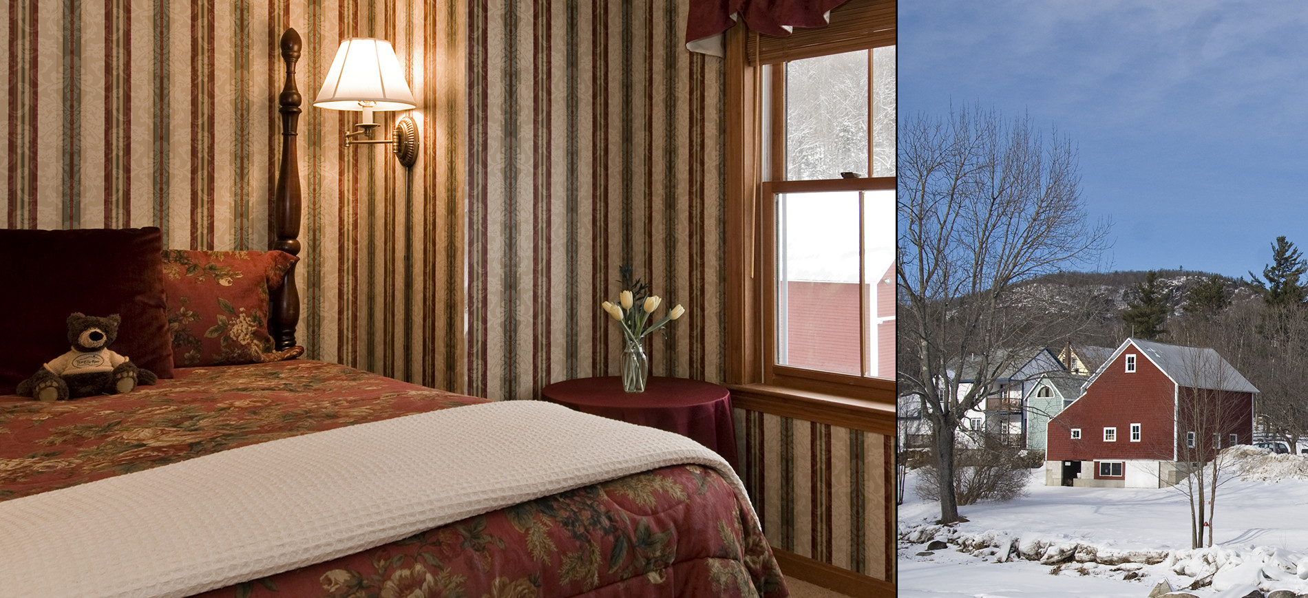 Guest room with burgundy, green & gold striped wallpaper, queen bed with print bedding, window view of barn, burgundy wing chair, exterior of red barn in snow