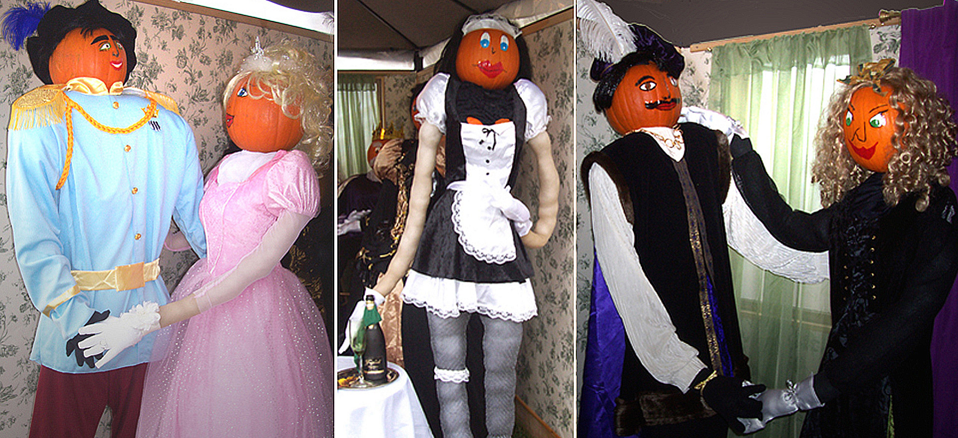 Collage of two pumpkin couples dancing with Fiona the pumpkin maid standing in the middle