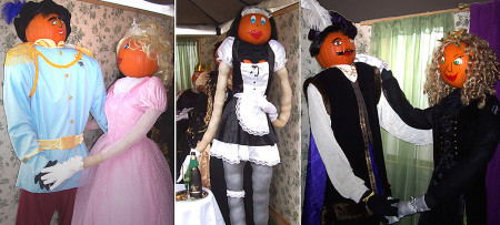 Collage of two pumpkin couples dancing with Fiona the pumpkin maid standing in the middle