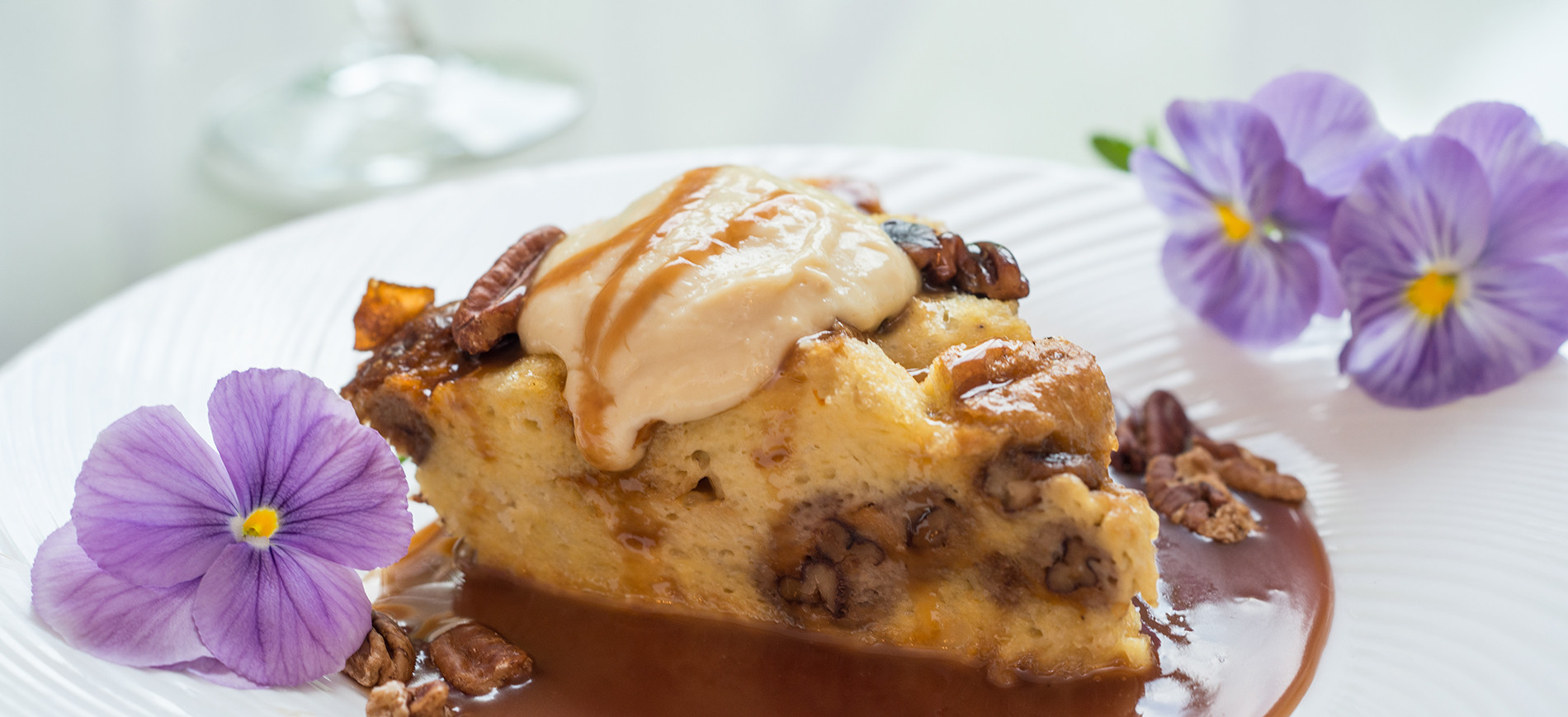 Baked french toast with purple pansies