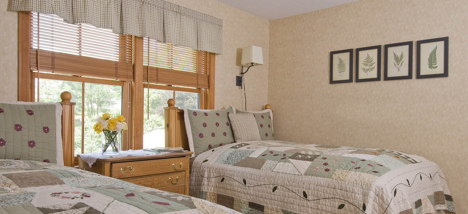 Guest room with two double beds with tan & green quilts, window and oak dresser with flowers between beds, four fern prints on wall behind bed