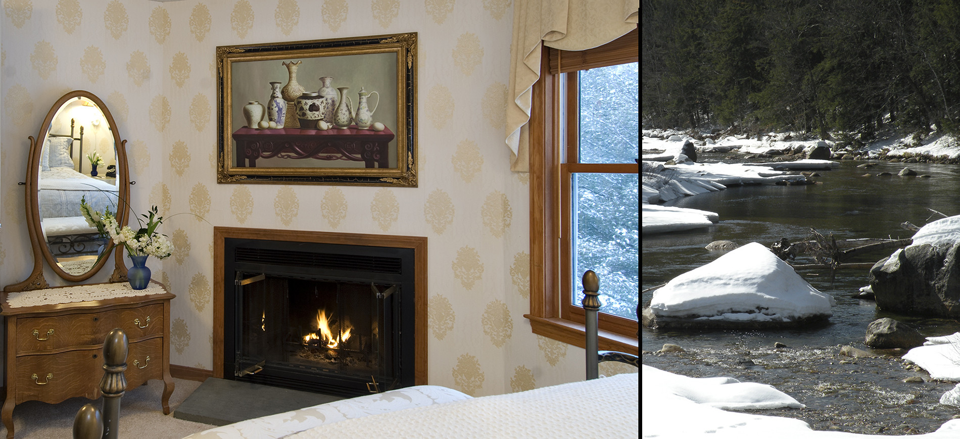 Guest room with dresser, fireplace with picture abobe, queen bed with ivory bedding, window with gold valance, image on right is snow on rocks of Ellis River