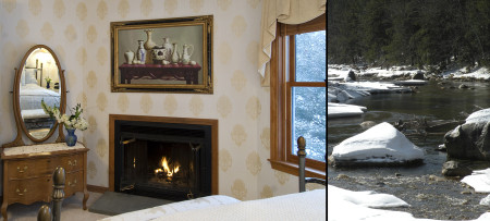 Guest room with dresser, fireplace with picture abobe, queen bed with ivory bedding, window with gold valance, image on right is snow on rocks of Ellis River