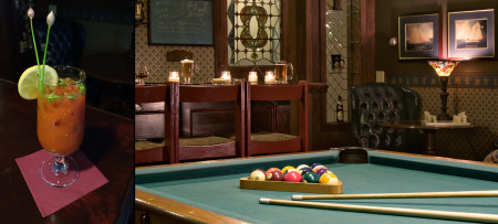 Frosty Virgin Mary on bar on left, bar with pool table in front on right