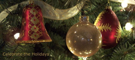 Closeup of ornaments on Christmas Tree...Celebrate the Holidays!