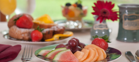 OJ, plate of muffins with strawberries, melon & grape plate in front, fruit cup at rear, vase with red gerber daisy, coffee mug
