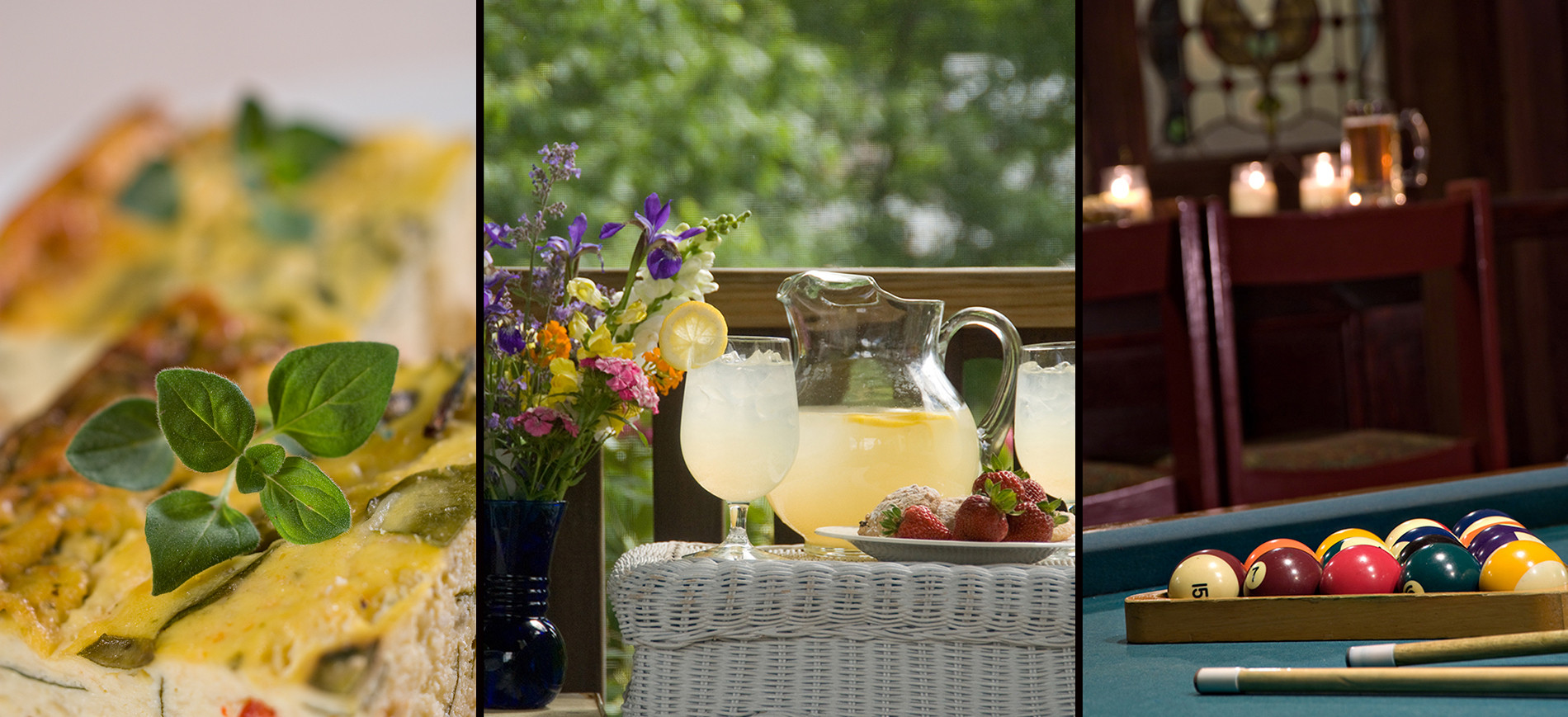 eggs with oregano on left, pitcher & glass of lemonade with flowers, pool table on right