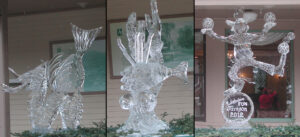 Three ice sculptures on covered porch.