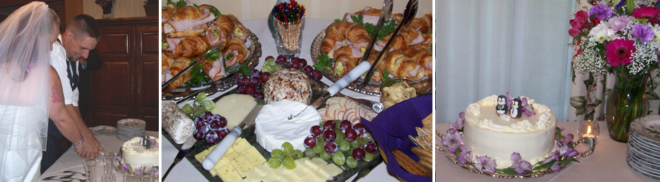 Inn at Ellis River Intimate Wedding Reception Couple cutting wedding cake and food at wedding reception