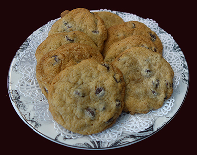 Chocolate chip cookies on a plate.