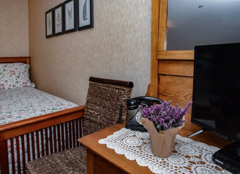 Wooden nightstand, lamp, and plant by a twin bed.
