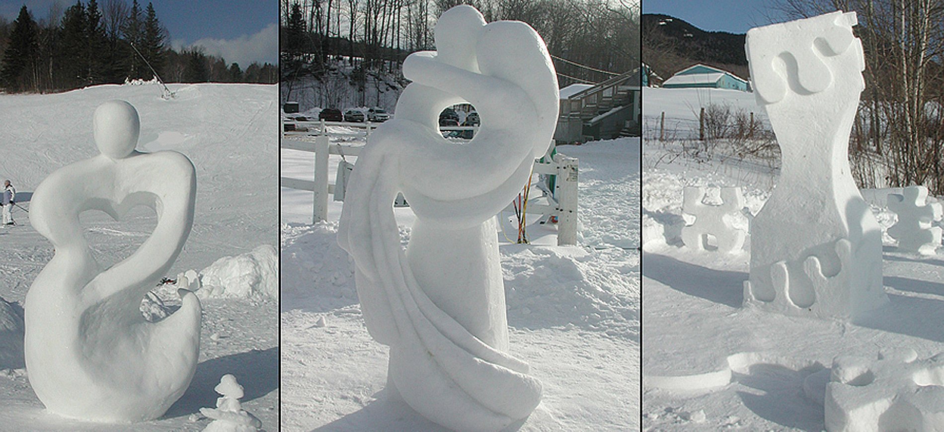 Collage of three 2012 snow sculptures.
