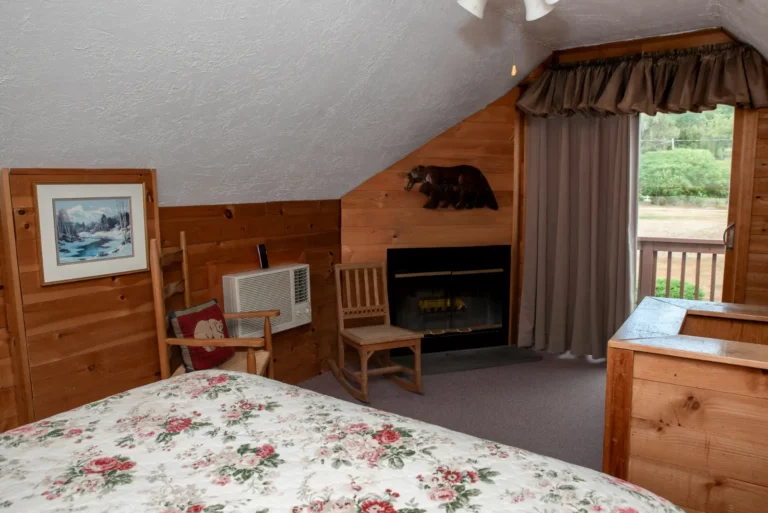 Ellis River Cottage - View of slider - fireplace from bed